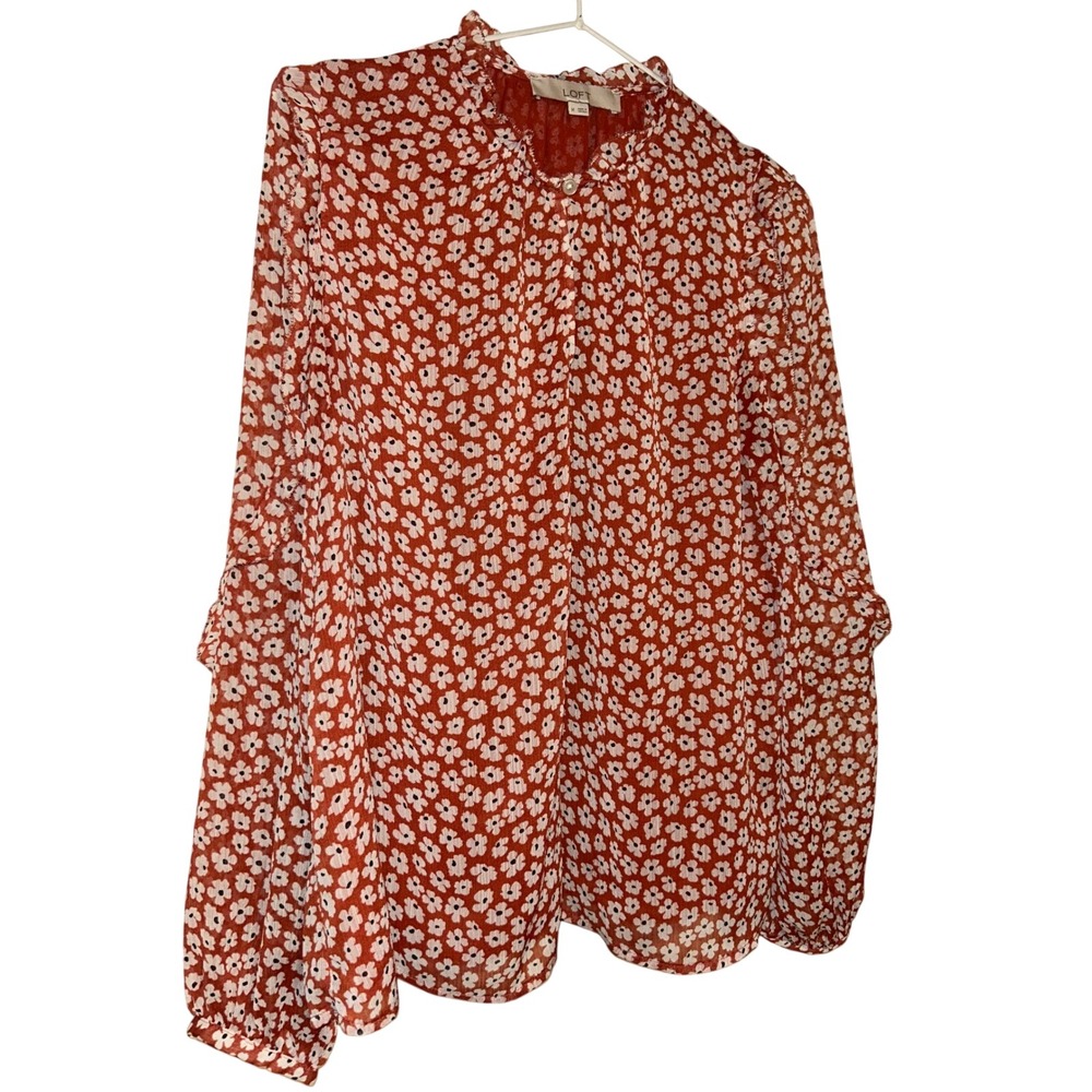 LOFT Red White Daisy Floral Ruffle Mock Neck Chiffon Blouse Womens Medium M Long